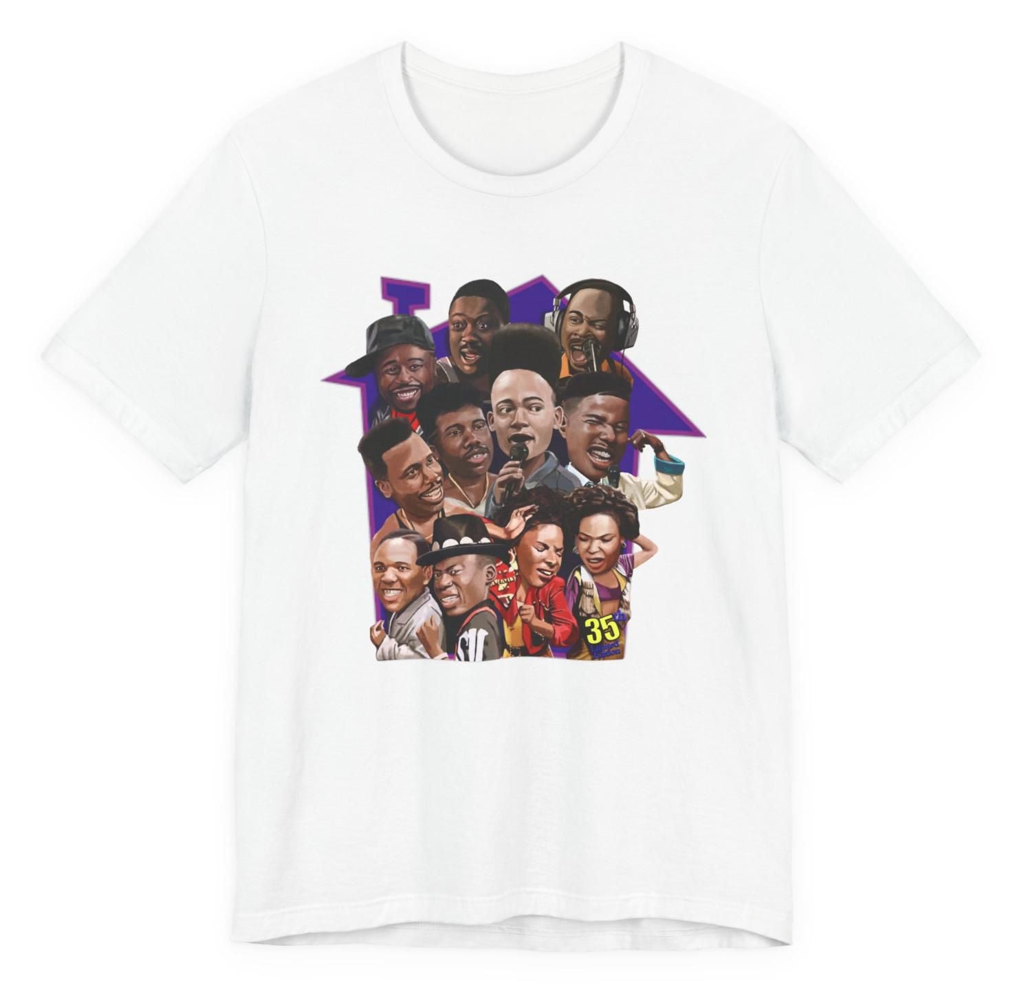 White t-shirt with a graphic of multiple people on a white background