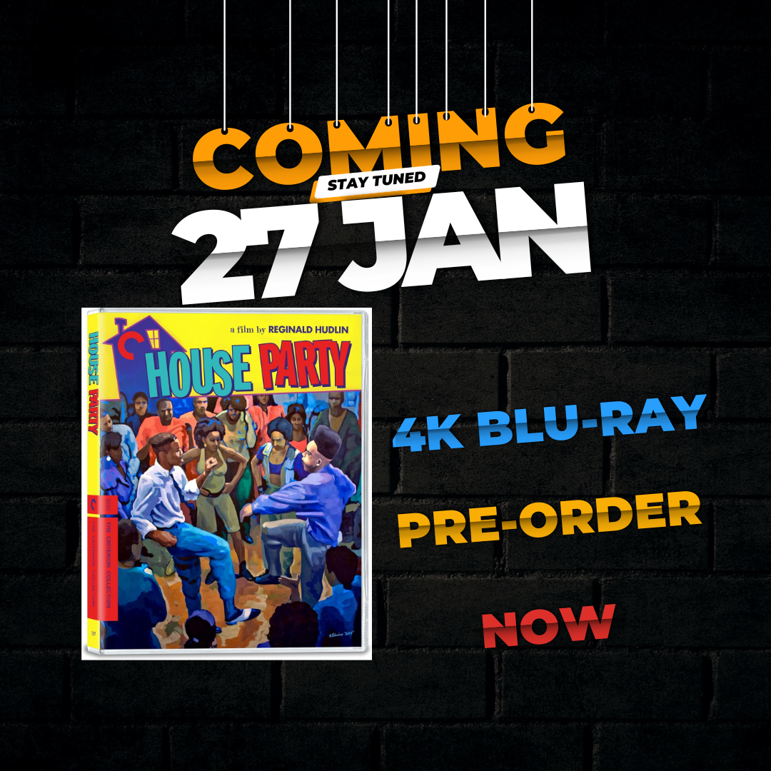 Promotional poster for 'House Party' 4K Blu-ray with release date and pre-order information on a black brick wall background.